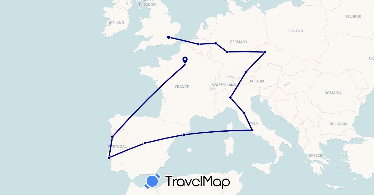 TravelMap itinerary: driving in Belgium, Czech Republic, Germany, Spain, France, United Kingdom, Italy, Portugal (Europe)